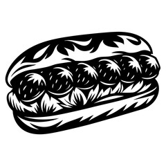 A monochromatic illustration of a meatball sub sandwich with bold outlines