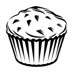 Monochrome illustration of a delicious cupcake with chocolate chips on white background