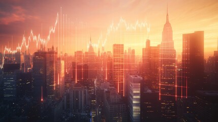 Fototapeta premium Market charts go up and down with a city background at sunset full of buildings