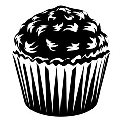 Abstract monochrome cupcake with ornate frosting and striped liner design