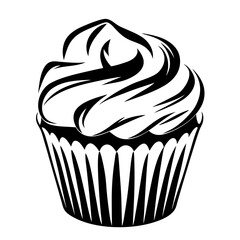 Elegant black and white cupcake vector illustration with swirling frosting design