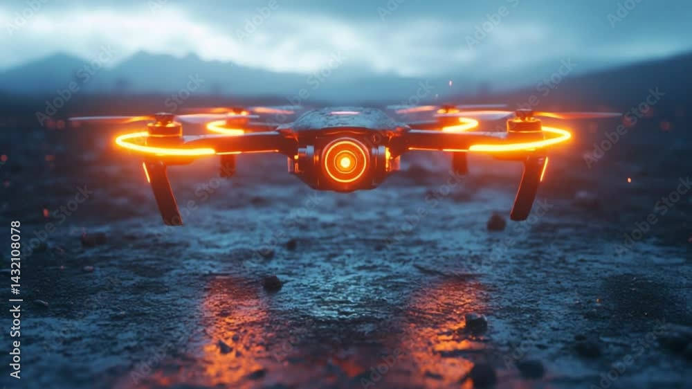Poster futuristic drone with glowing features on a rugged terrain during a moody twilight setting