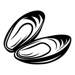 Black and white illustration of two open mussel shells in shellfish