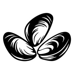 Stylized depiction of three mussels with decorative elements and black coloring