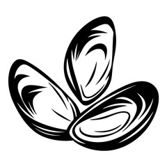 Stylized black and white vector illustration of three mussels on a white background