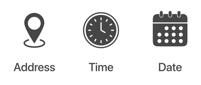 Place, Time, Date and Notification line icons. Address. time, and date icon vector. Modern clean vector illustration. Time, address, and date icon vector in flat style.