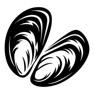 Stylized black and white mussel shell illustration representing seaside culinary delicacy