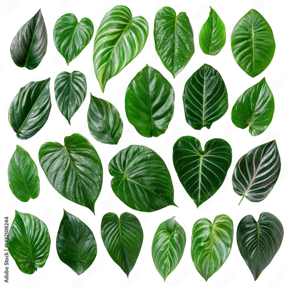 Poster collection of various green leaves with different shapes and textures, arranged in rows. leaves disp