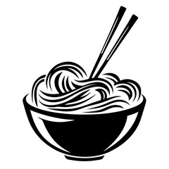 A stylized black and white illustration of a bowl of noodles with chopsticks