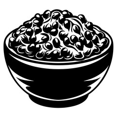 Monochrome Illustration of a Bowl Overflowing with Beans or Fruit in Stylized Art