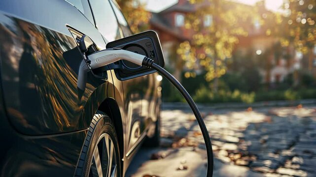 An elegant black electric car is connected to a charging station near a residential building