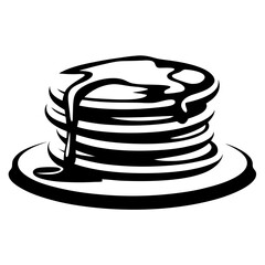 Black and white illustration of stack of pancakes with syrup