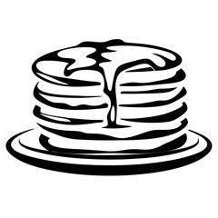 Black and white illustration of a stack of pancakes with syrup