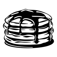 Black and white drawing of a stack of pancakes with syrup