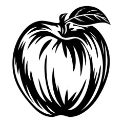 Monochromatic Apple with Leaf Illustration in Black and White Graphic Style