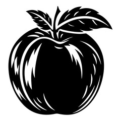 High contrast black and white graphic of a stylized apple with leaves