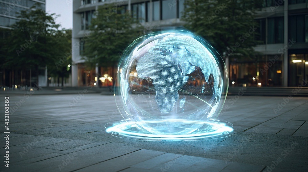 Aufkleber digital hologram globe on empty plaza with layered design elements