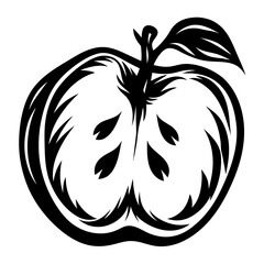 Stylized apple fruit illustration in black and white, cut in half