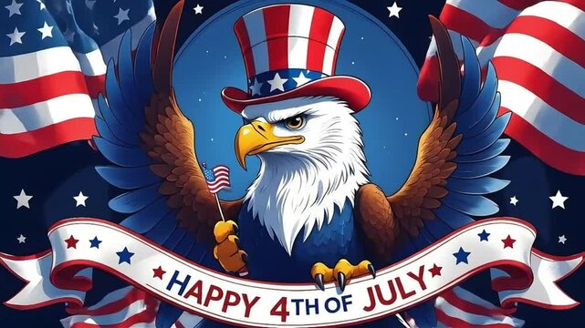 Detailed cartoon bald eagle with Uncle Sam hat and small flag in claw, standing under curved Happy 4th of July ribbon banner for festive sticker design