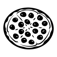 Monochrome image of pizza with pepperoni, simple design, food illustration, icon