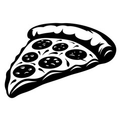 Stylized monochrome drawing of a pepperoni pizza slice with simple toppings