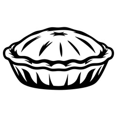 Stylized black and white illustration of a delicious looking pie in a dish