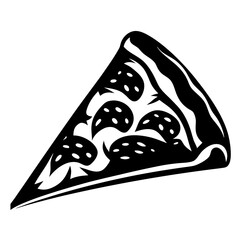 Monochrome stylized slice of pizza with pepperoni and melted cheese outline