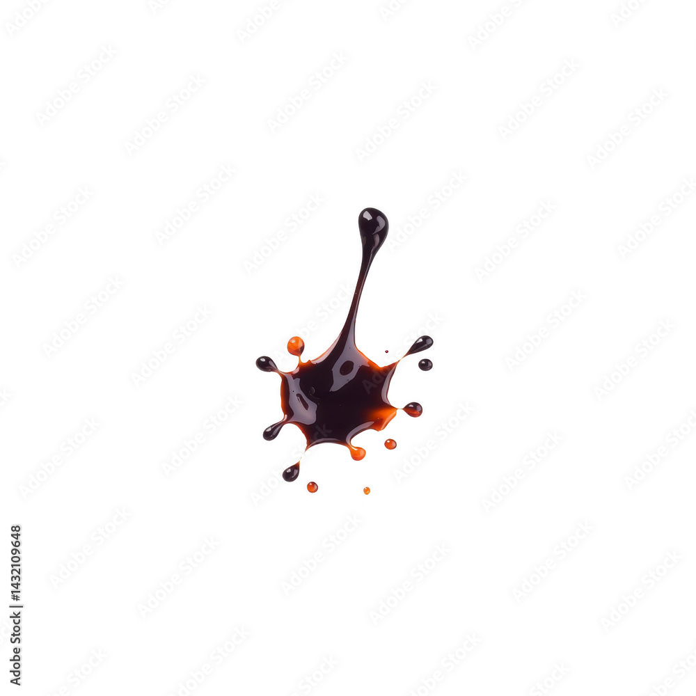 Poster splash of dark liquid with droplets radiating outward, creating dynamic and energetic effect. liquid