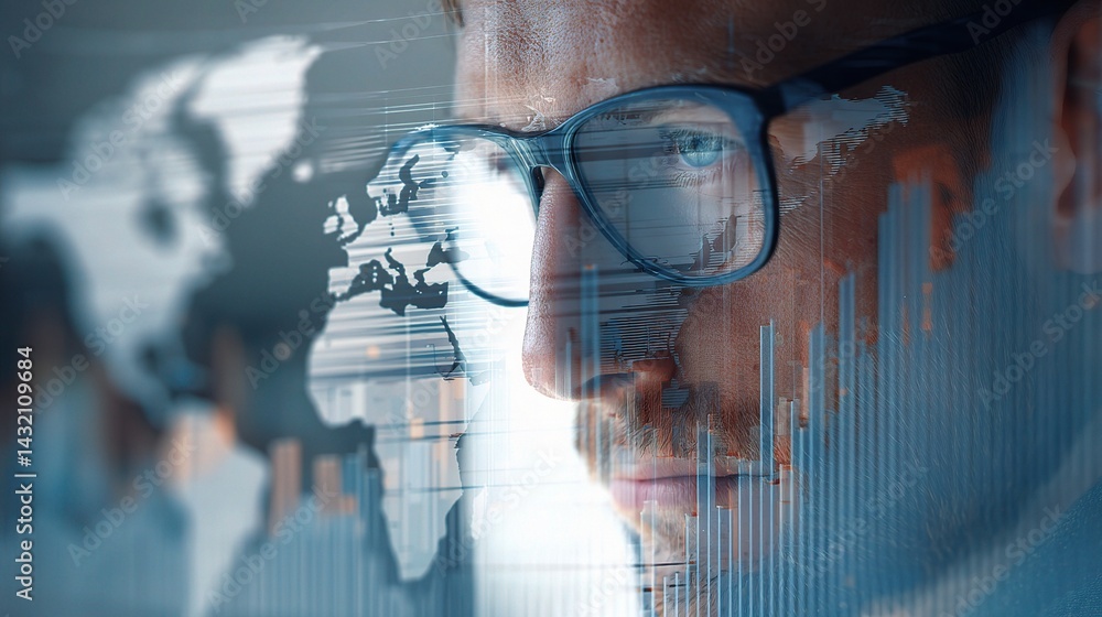 Aufkleber data analyst analyzing layered graphs with glasses in focus