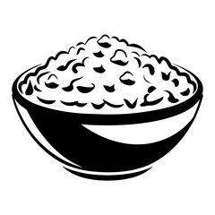 Stylized black and white drawing of a bowl filled with rice food