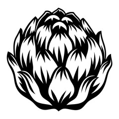 Monochrome illustration of an artichoke in a stylized black and white design