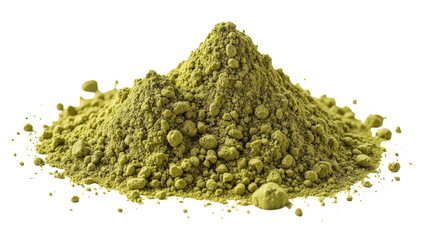 A pile of matcha powder isolated on a transparent background, showing its granular texture and vibrant green color.
