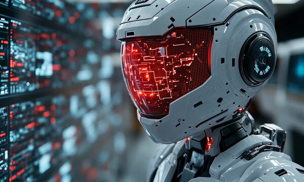 Futuristic humanoid robot with glowing red visor analyzing data in a high-tech lab