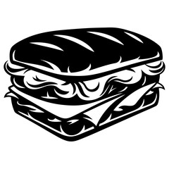 Monochrome artistic vector illustration of a delicious, layered sandwich or sub