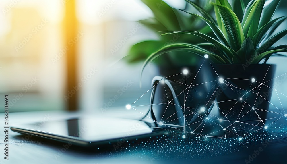 Poster tabletop scene features digital tablet eyeglasses and potted plant with connection lines and sunligh