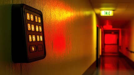 Obraz premium Alarm system keypad with illuminated numbers and status lights mounted on a hallway wall