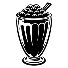 Stylized Black and White Illustration of a Milkshake with Straw and Topping