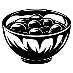 Monochrome depiction of a bowl filled with liquid and round objects