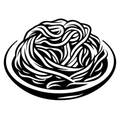 Monochrome illustration of a plate piled high with spaghetti or noodles