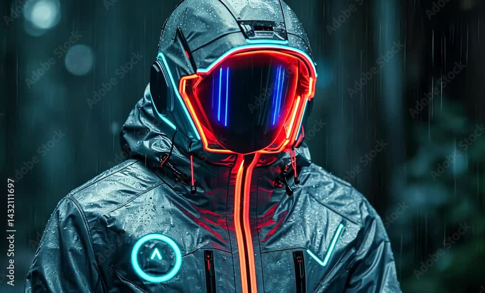 Poster futuristic rain jacket with illuminated features worn by a figure in a misty forest setting