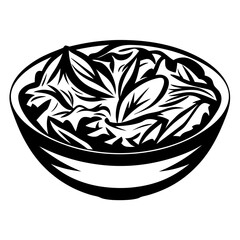Stylized vector illustration of a bowl of leafy salad in black and white