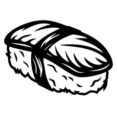 Monochrome drawing of a single piece of nigiri sushi, classic Japanese cuisine