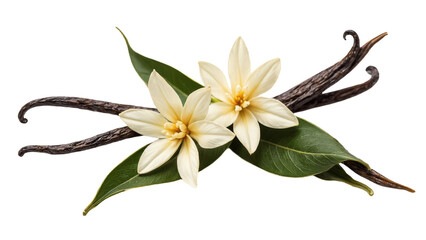 Two delicate vanilla flowers and their pods rest on vibrant green leaves against a transparent background.