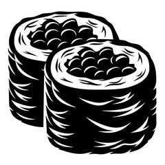 Monochrome illustration of two sushi rolls with roe filling, a Japanese delicacy