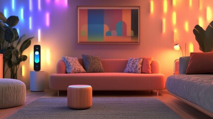 A living room with voice-controlled smart speakers and color-changing LED lights