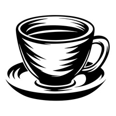 Graphic image of a cup on a saucer with a black and white theme