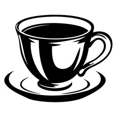 Simple and Elegant Cup of Coffee on a Saucer Black and White Illustration