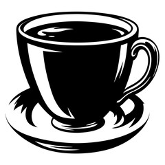 Stylized black and white image of a coffee cup and saucer