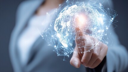 Businesswoman Pointing at Virtual Earth Screen with Digital Effects