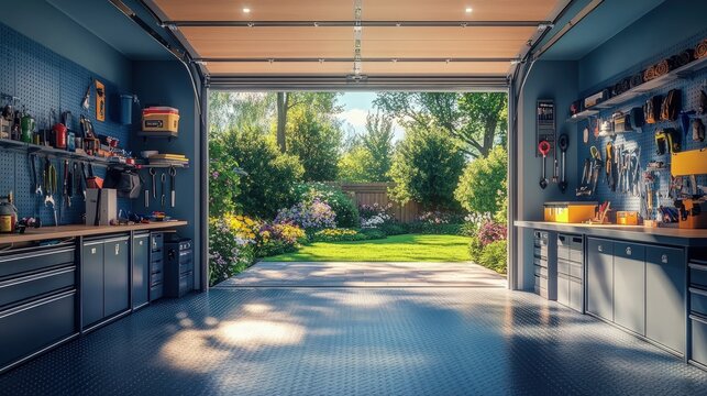 Open garage interior with organized tools a bright garden view in the background.